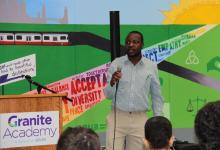 William Kamkwamba speaks to students at Granite Academy