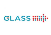 GLASS written in teal with arrow pointing to the right that is made of red and teal dots