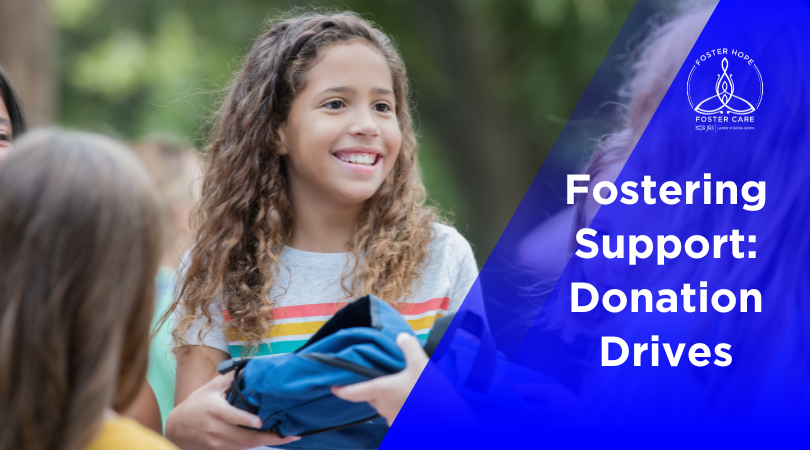 A young girl helps coordinate a duffel bag donation drive.  She smiles and hands a blue duffel bag to another child.