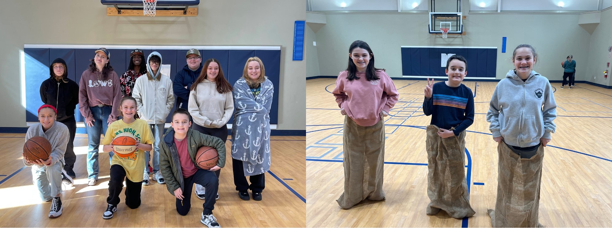 Three kids smiling in potato sacks after a competition. Students and Staff on a basketball Court posing for a team photo