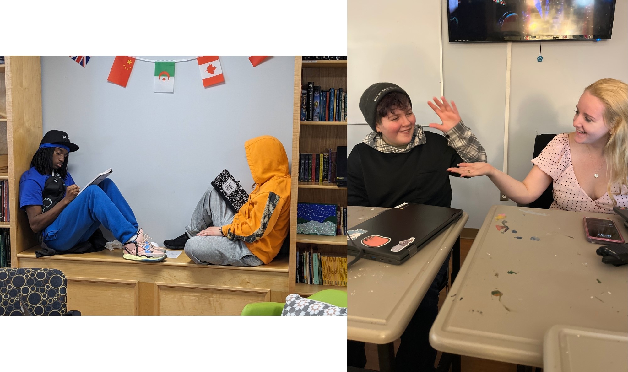 Two students reading books in a library. A student and teacher sitting at a desk high fiving