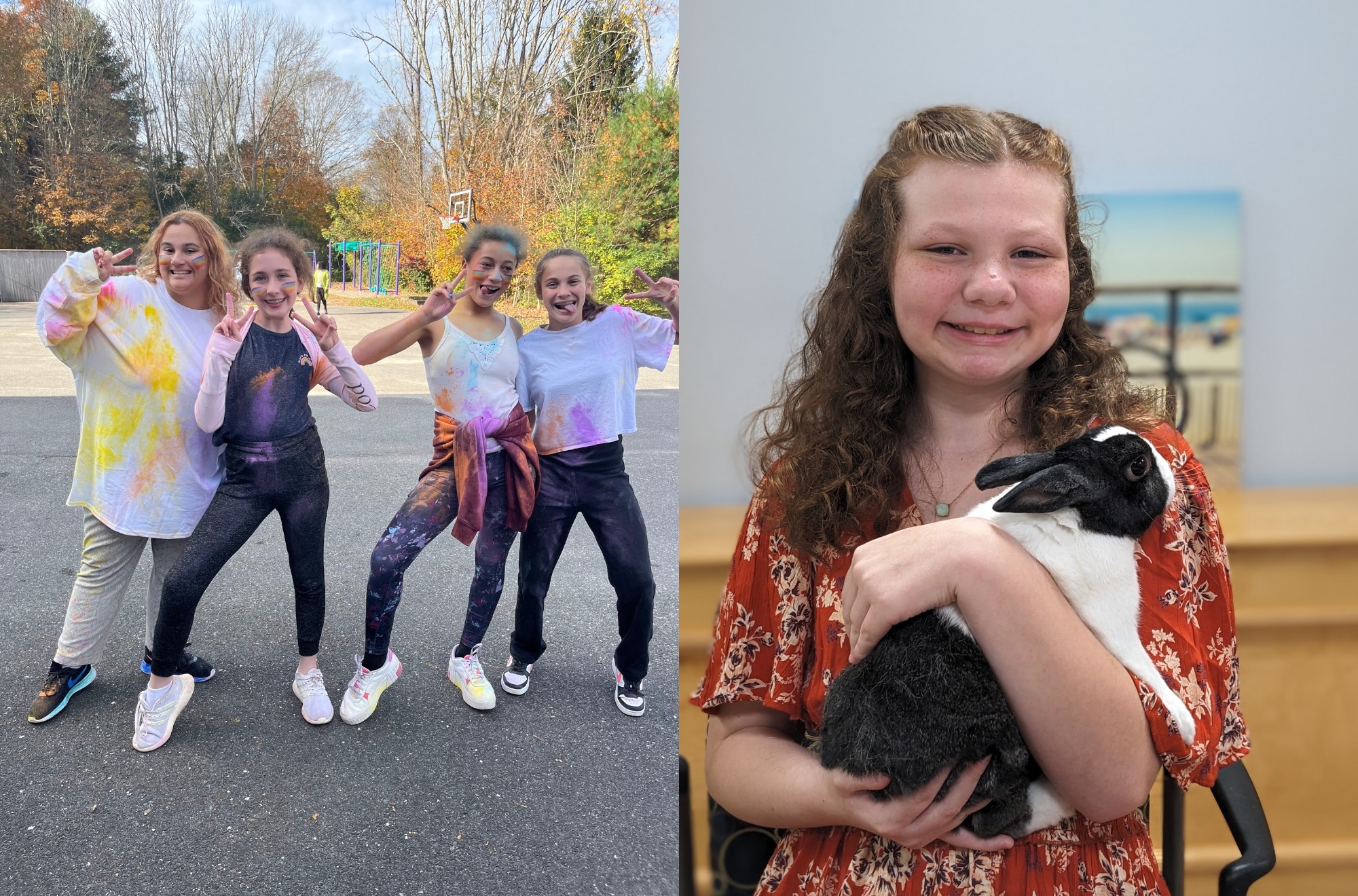 Students standing together and smiling. A student holding a rabbit.