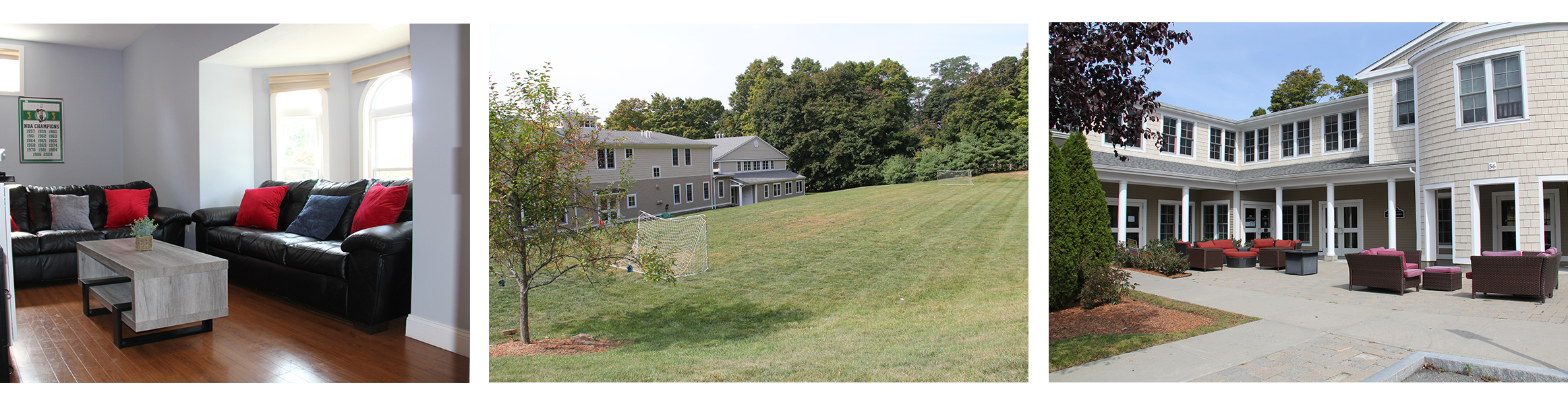 Photos of the living room, soccer field and community area at Glenhaven Academy