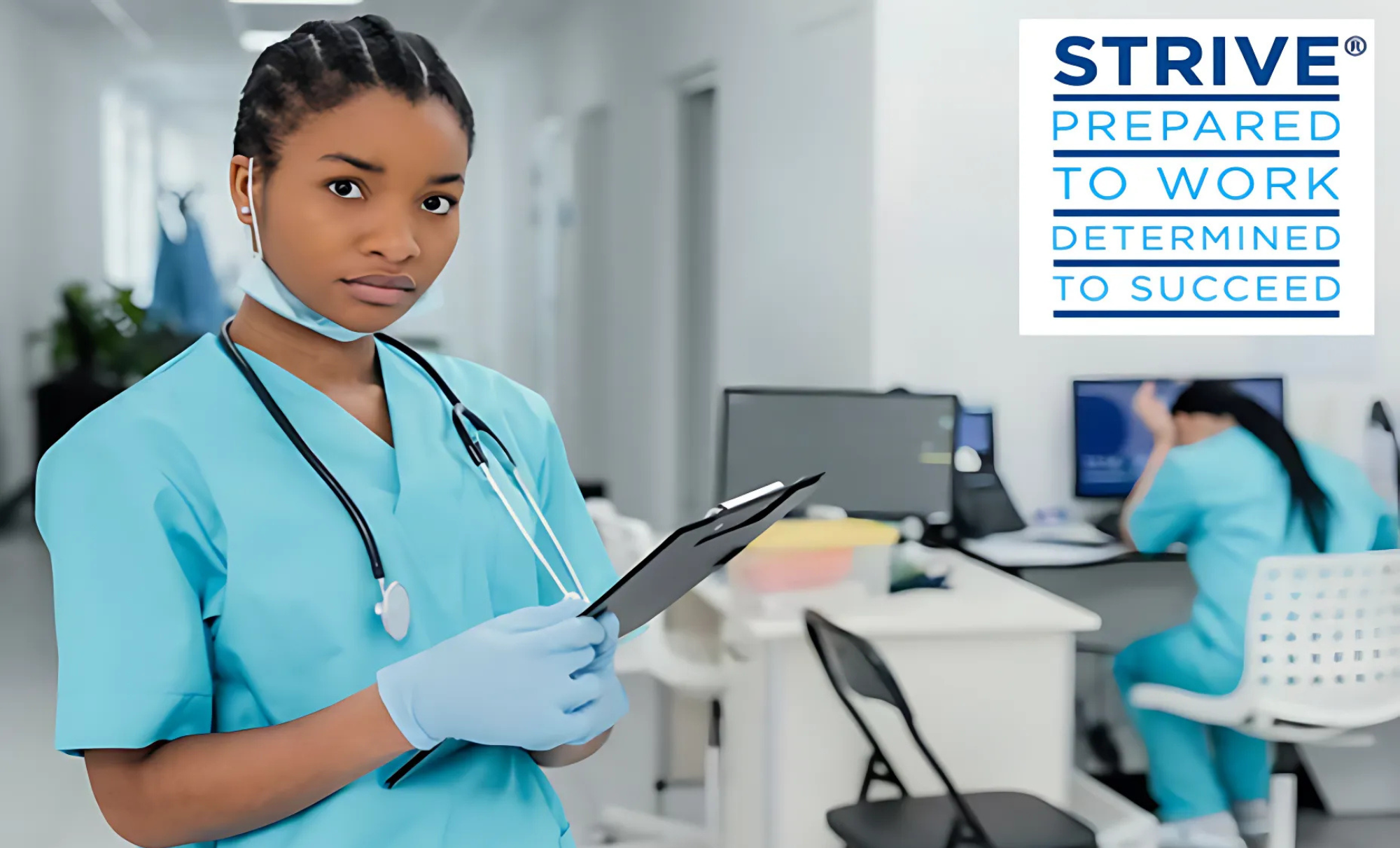Nurse in front of sign in desk