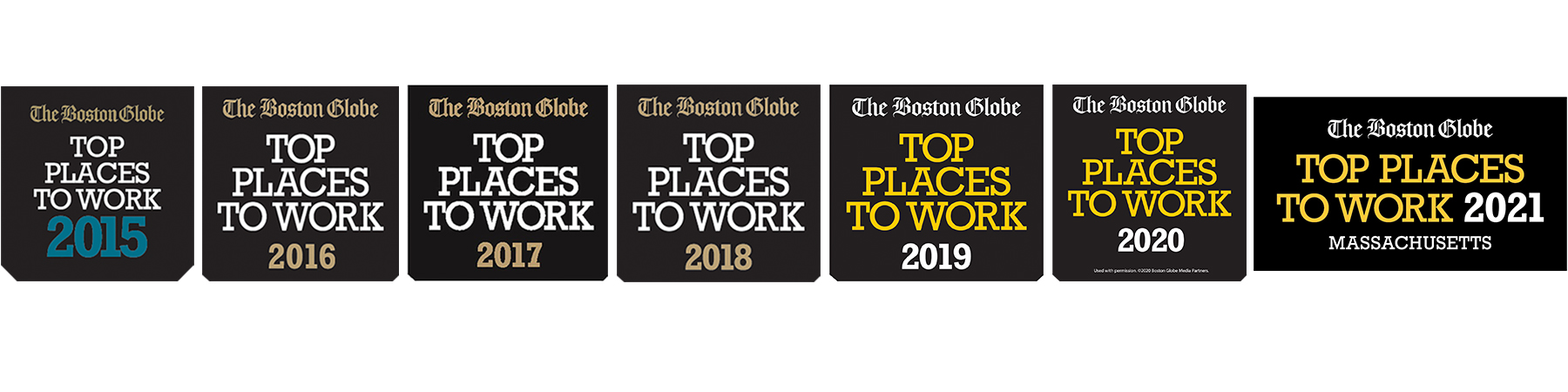 Boston Globe Top Places to work logos for years 2015 through 2021