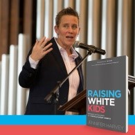 white person at podium with a picture of a book titled Raising White Kids