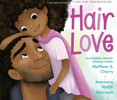 Hair Love Book Cover. Photo of father of color and daughter of color.