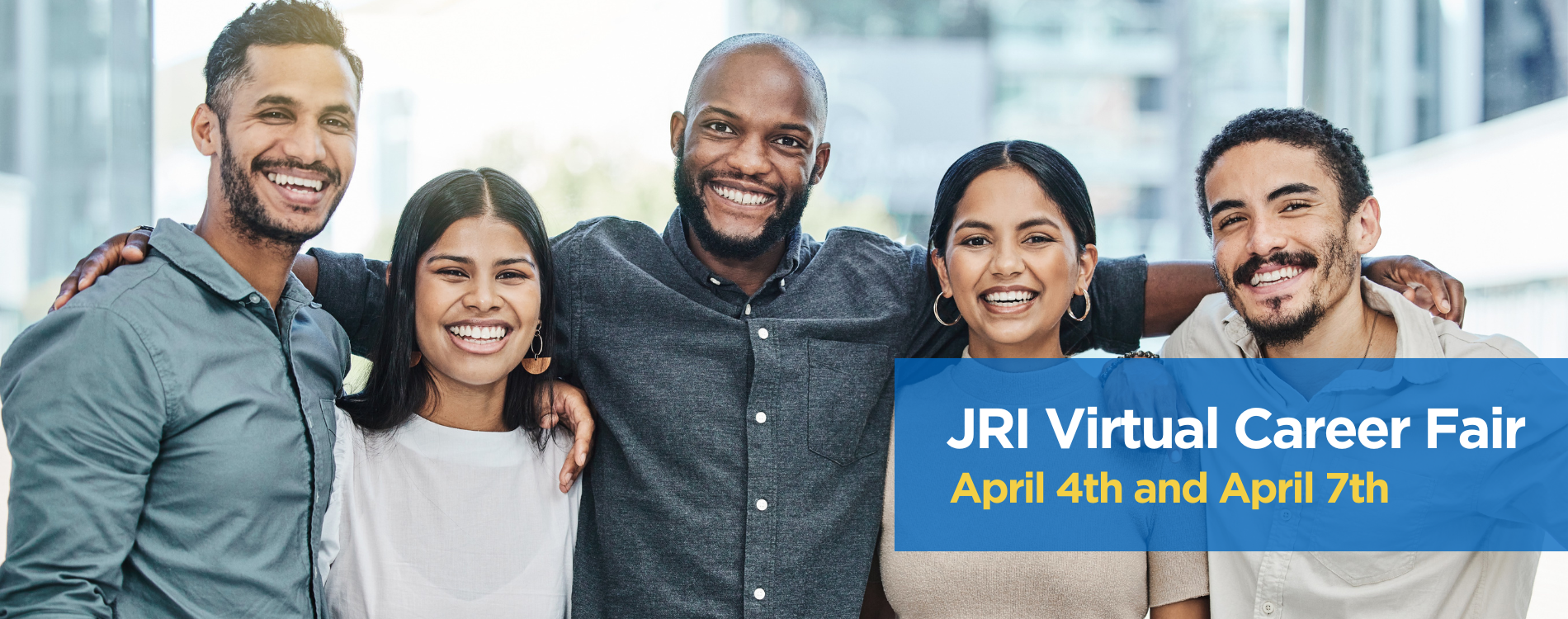 Group of diverse employees with text that says Virtual Career Fair April 4th and April 7th