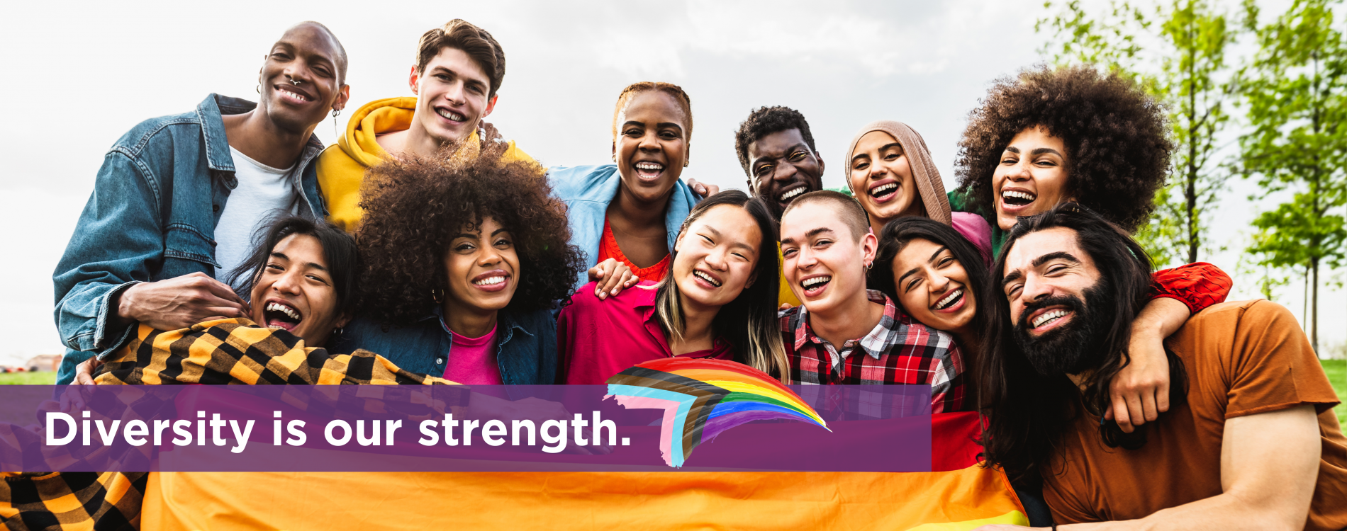 Group of diverse teens with text that says Diversity is our strength and progressive flag