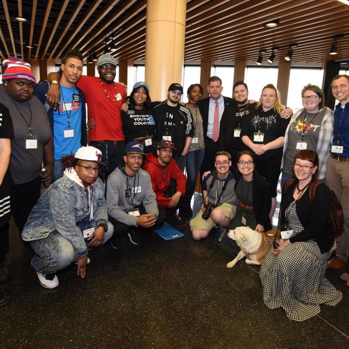 young adults photographed with Marty Walsh