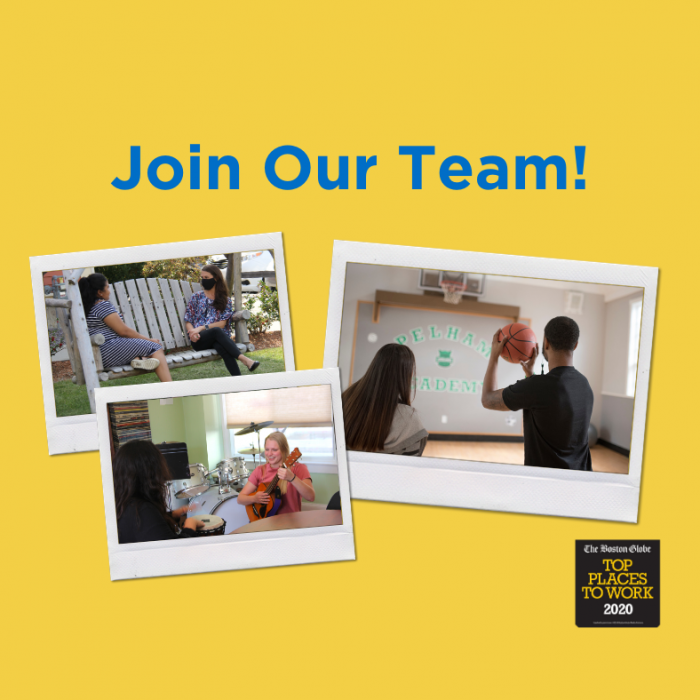 Join Our Team in blue text on a yellow background with pictures of staff and students interacting at JRI's Residential Schools