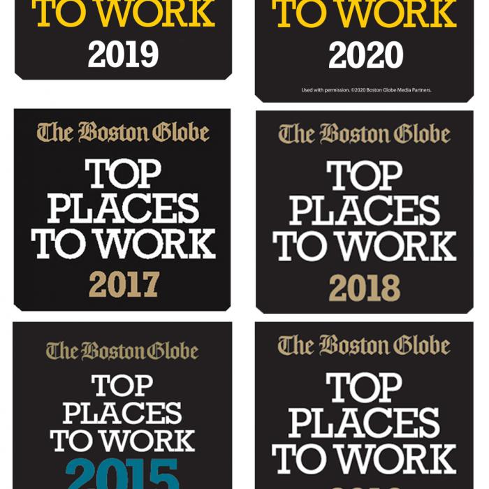 The Boston Globe Top Place to Work logos for 2015 through 2021 and The Hartford Courant Top Place to Work for 2018 and 2019