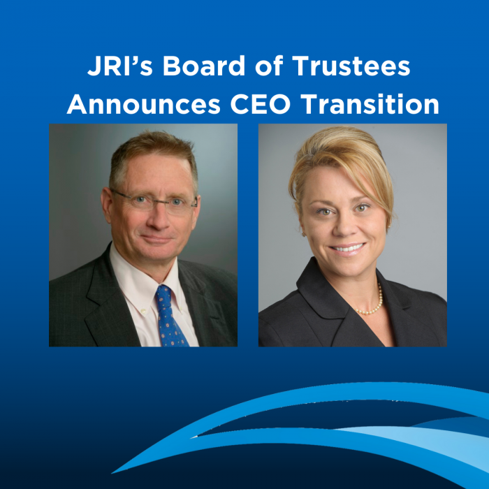 Photo of Andy Pond and Mia DeMarco with text that says JRI's Board of Trustees Announces CEO Transition