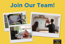 Join Our Team in blue text on a yellow background with pictures of staff and students interacting at JRI's Residential Schools