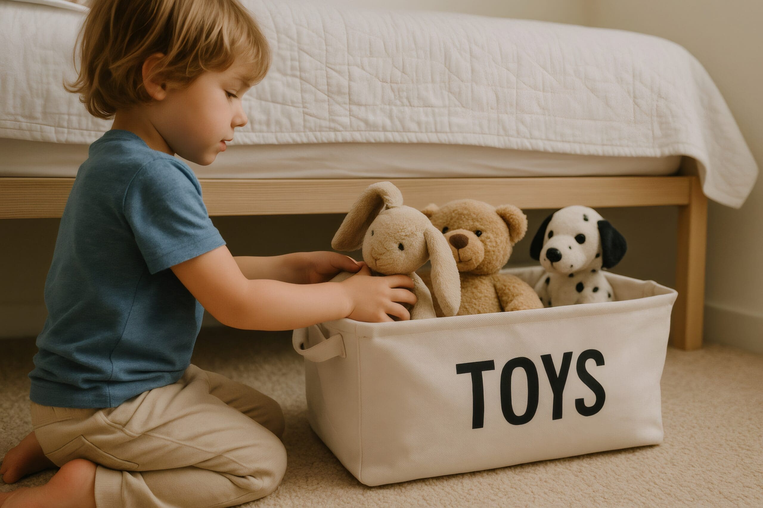 Child kneeling and holding stuffed animals in a toy bin