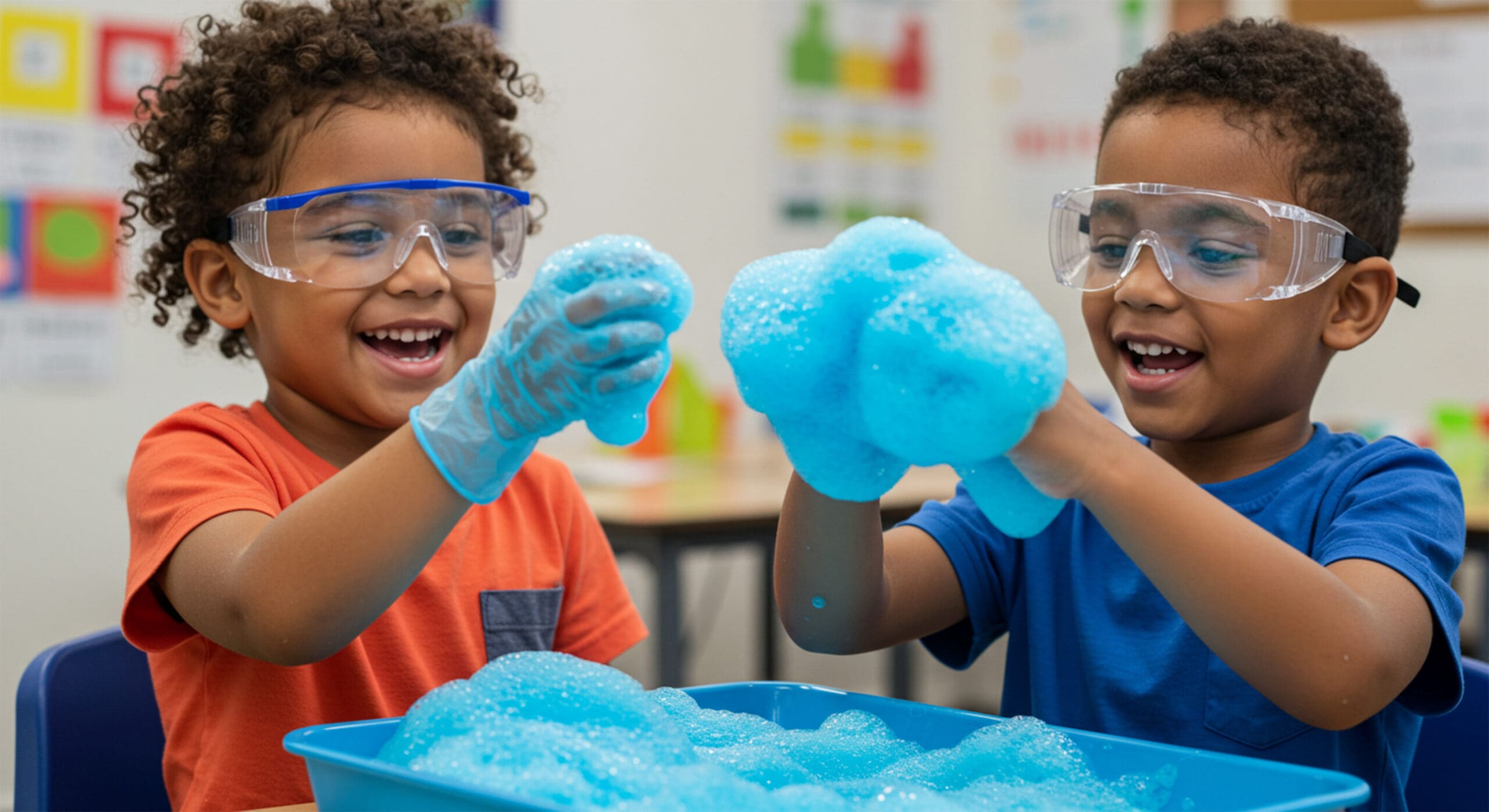 Two children with goggles playing with blue foam, smiling.