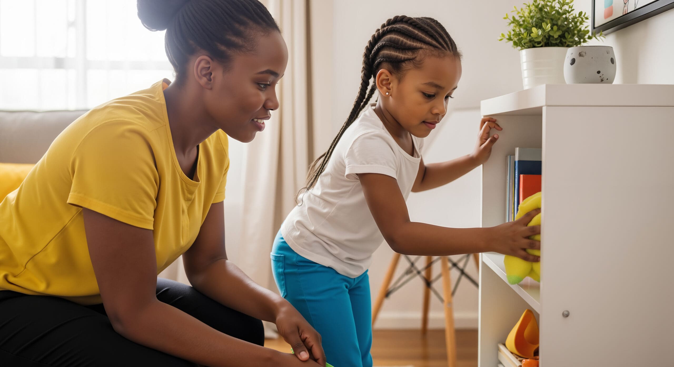 Girl placing toys on a shelf with mother watching.