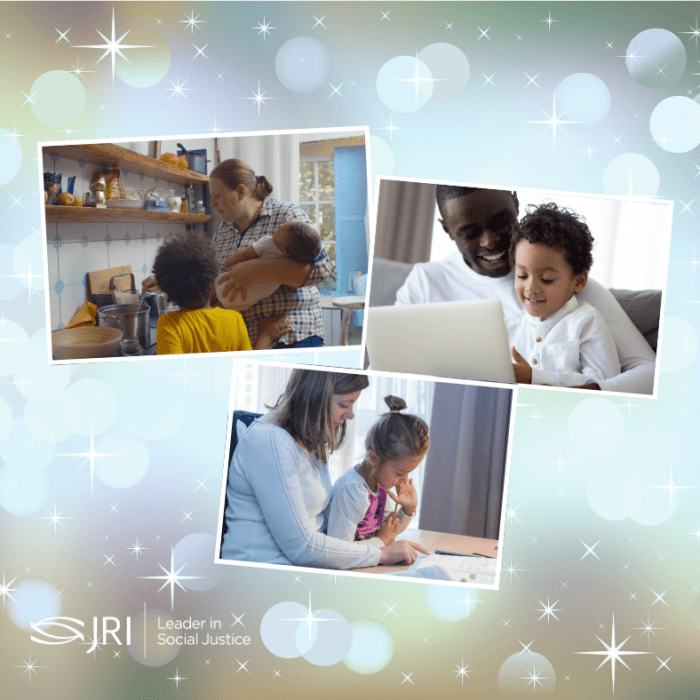 Collage of three images showing adults interacting with children in supportive settings.