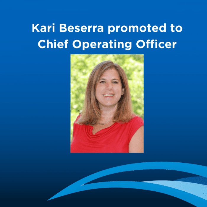 Announcement of Kari Beserra's promotion with her portrait on a blue background.