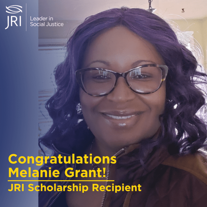 Portrait of Melanie Grant with scholarship announcement