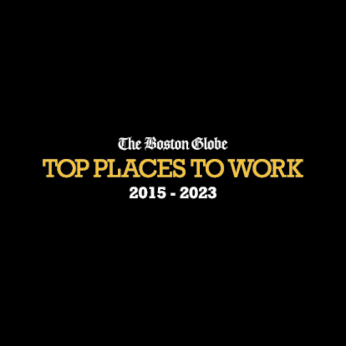 Award graphic for top workplaces, from 2015 to 2023, by The Boston Globe.