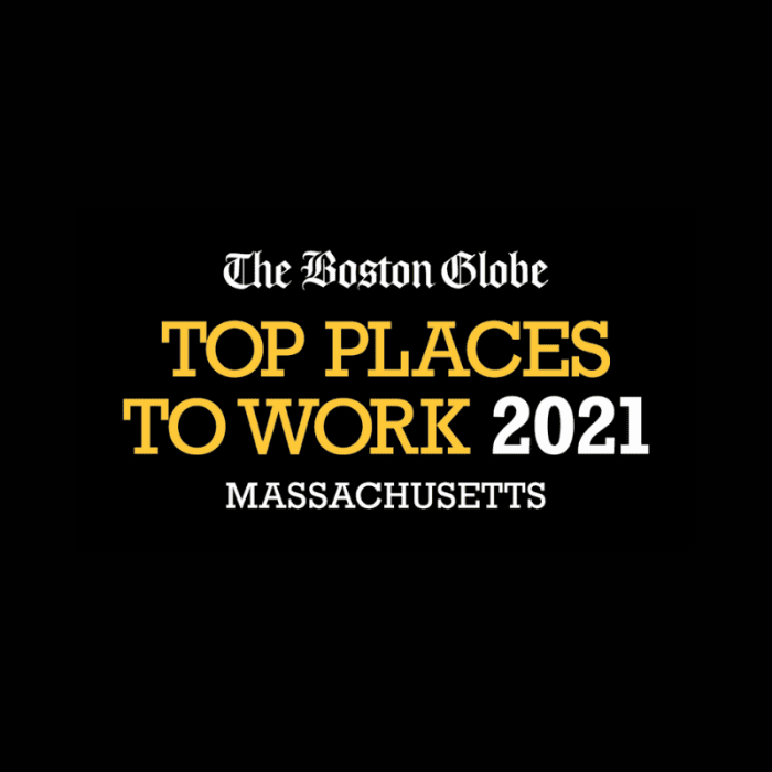 Award badge for top workplaces in Massachusetts 2021 by The Boston Globe.