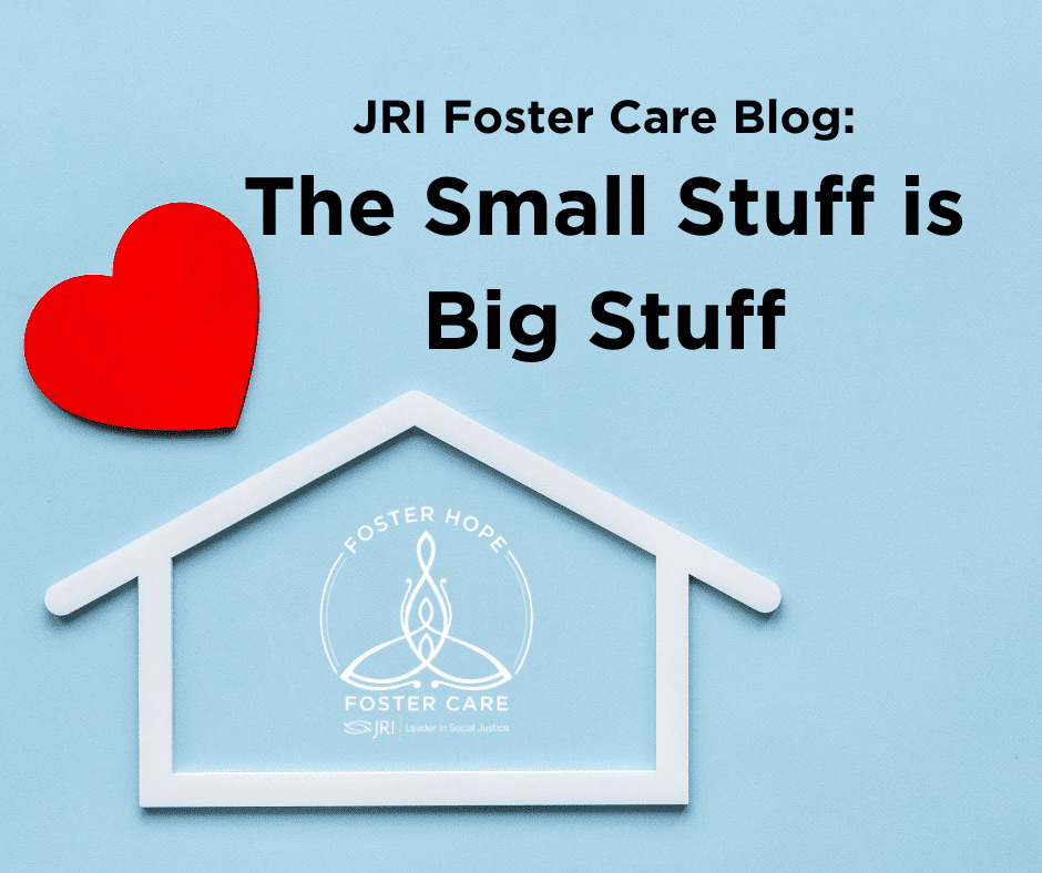 Text overlay reading "The Small Stuff is Big Stuff" on blue background with a white house outline and red heart.