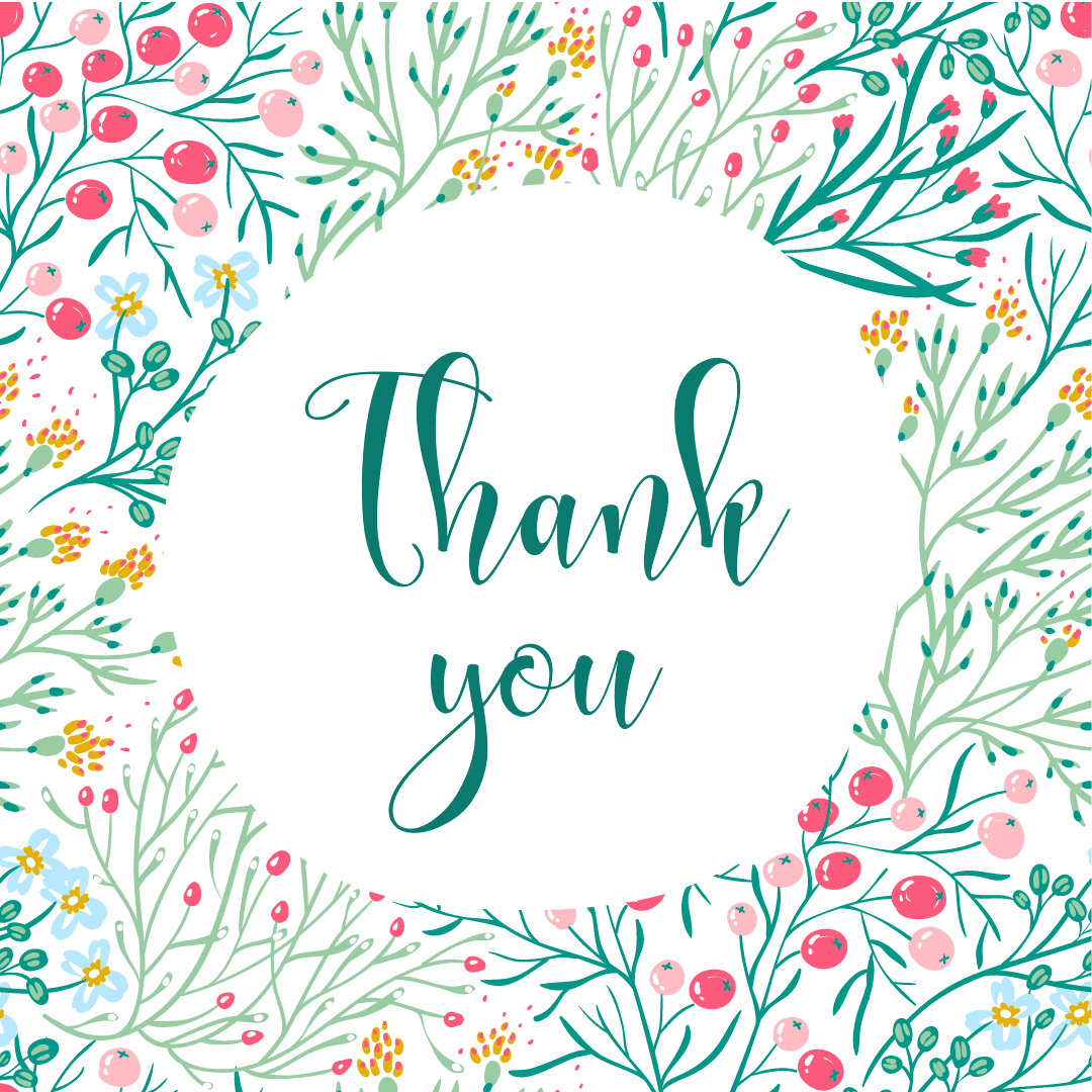 Floral border with berries and small flowers surrounds "Thank you" text.