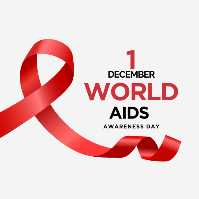 Red ribbon with text about World AIDS Awareness Day, December 1.