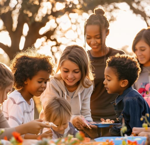 Group of children playing chatting outdoors, smiling.