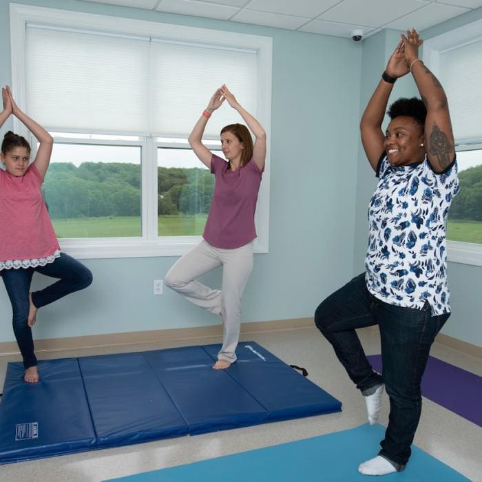 Three people practicing yoga in a room with large windows showing greenery outside.