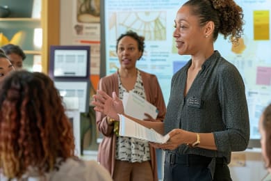 A woman speaks to a group, holding papers in a room with screens and posters.