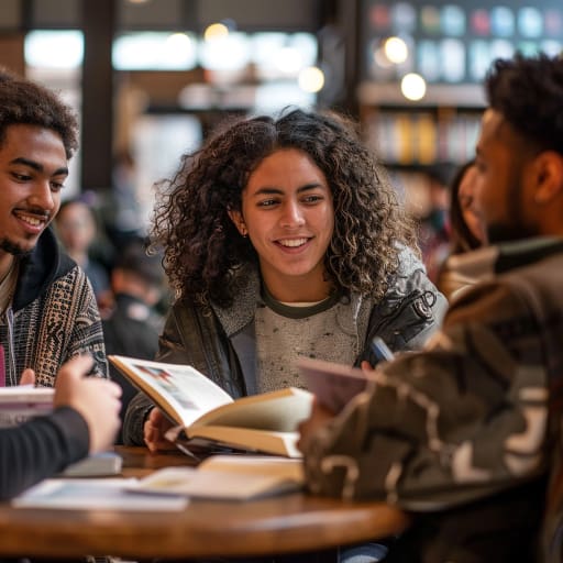 Group of four people smiling and talking around a table in a library.