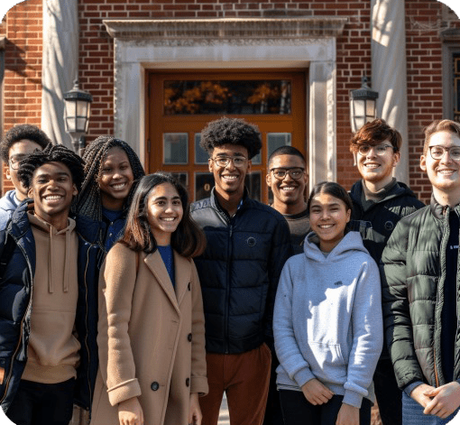 Group of diverse young people smiling outside a building entrance.