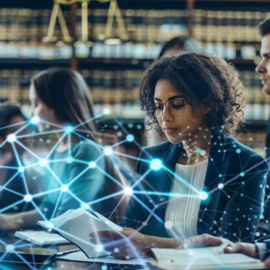 Person reading a book with digital network overlay.