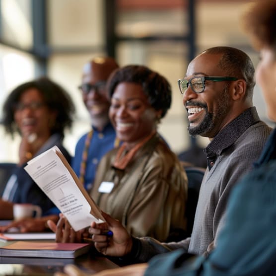 Group of people smiling, one holding a document during a meeting