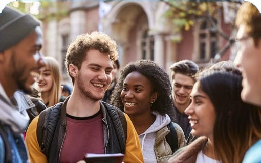 Group of students smiling outdoors, wearing backpacks.