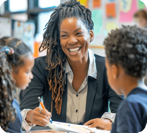 Teacher smiling and talking to children in a classroom setting