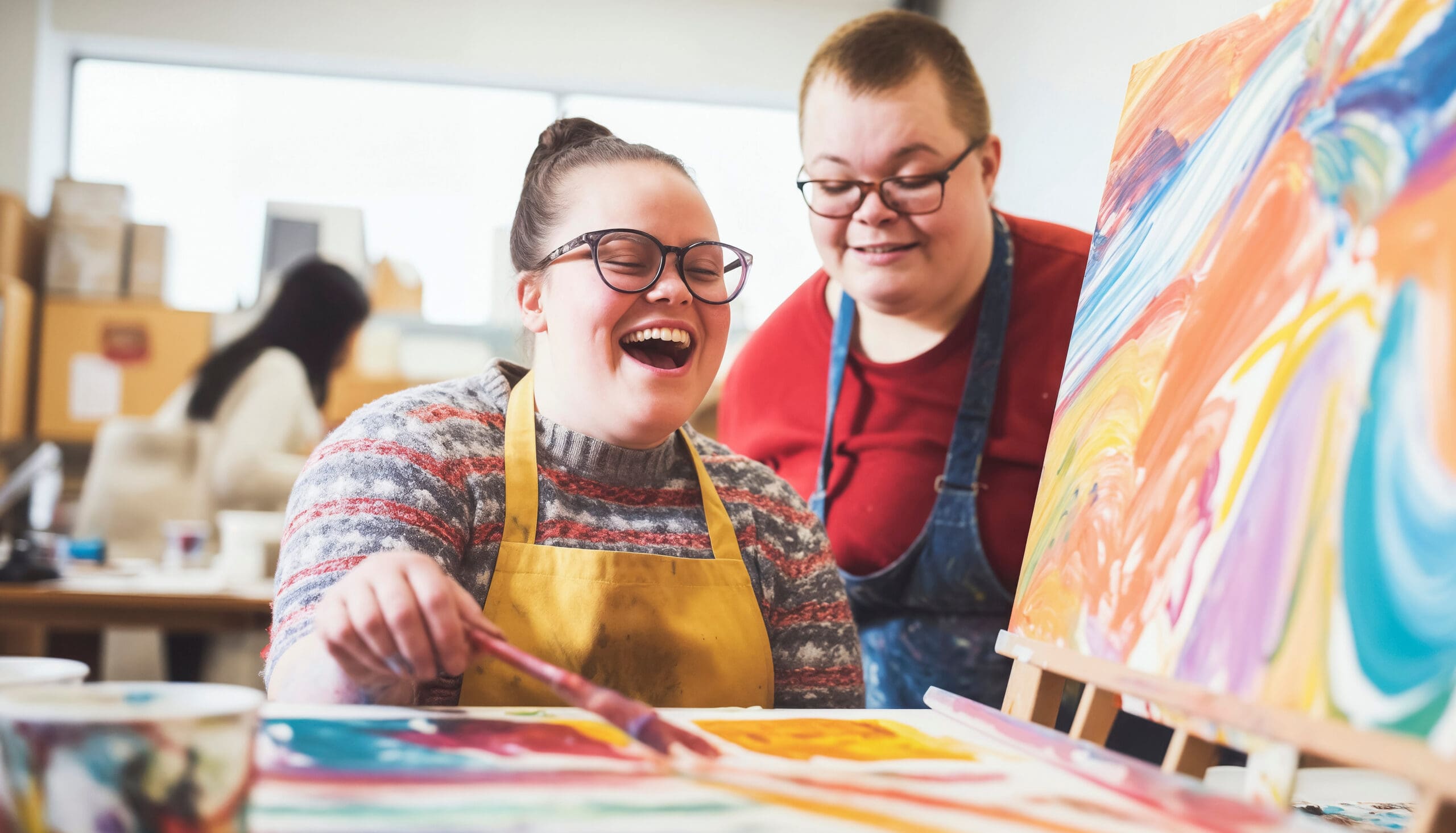 Two people painting and laughing together.