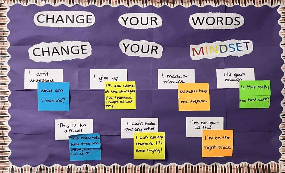 Bulletin board with motivational messages and sticky notes about mental health.