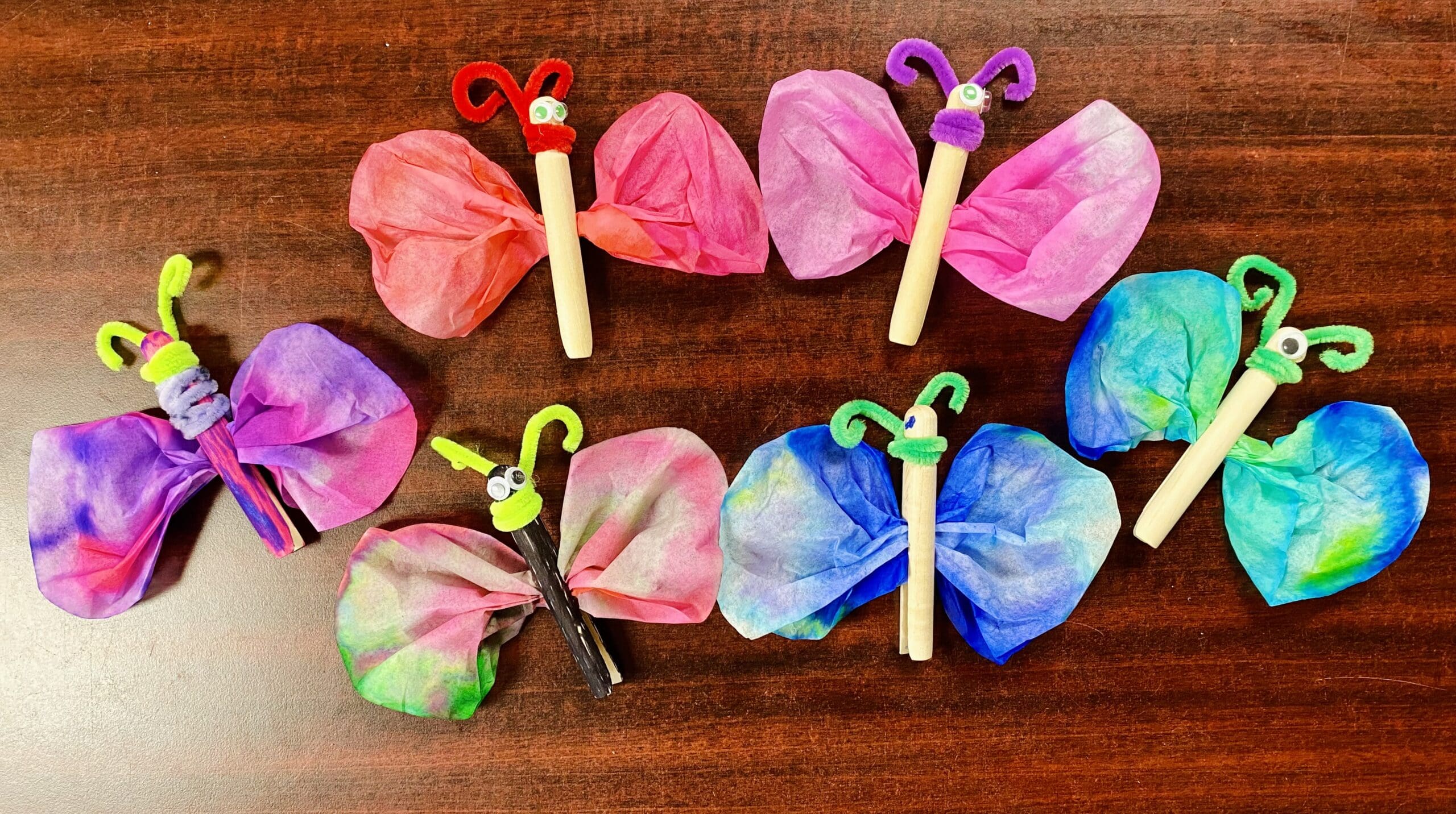 Colorful tissue paper wings with pipe cleaner antennas and googly eyes.