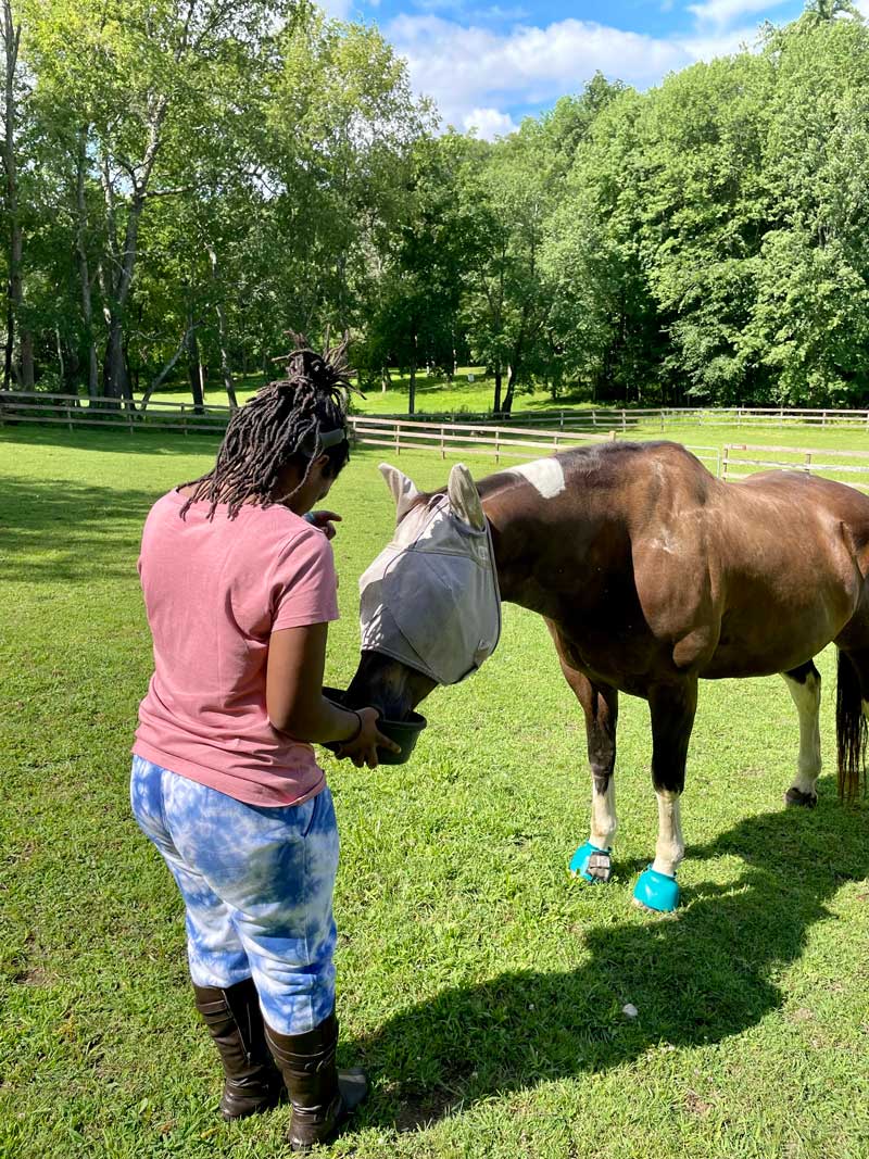 Girl feeding a horse with in a grassy field with trees.