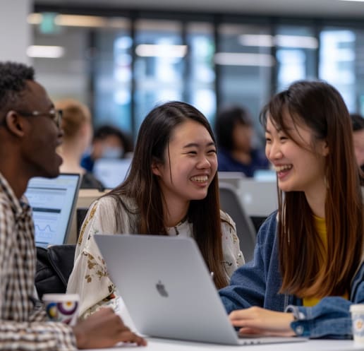 Three people smiling and talking in a group setting with a laptop