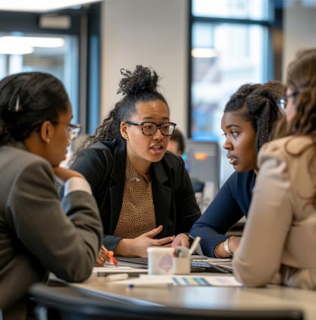 Group of people in discussion around a table.