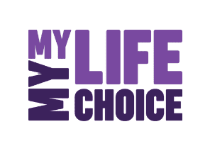Text reading 'My Life My Choice' in purple and black letters.