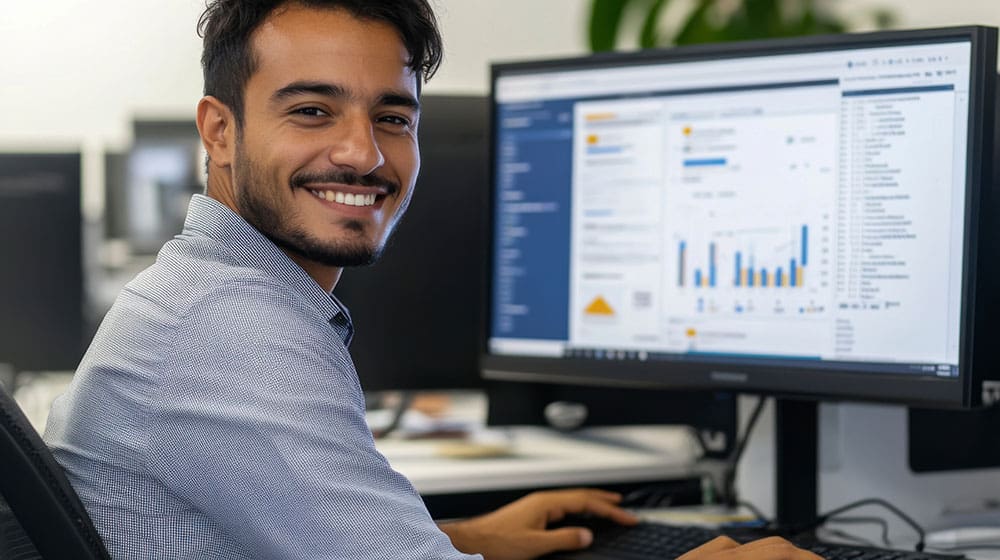 Man working at computer with graph data on screen
