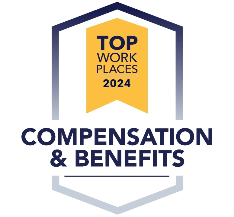 Badge with 'Top Workplaces 2024' and 'Compensation & Benefits' text.
