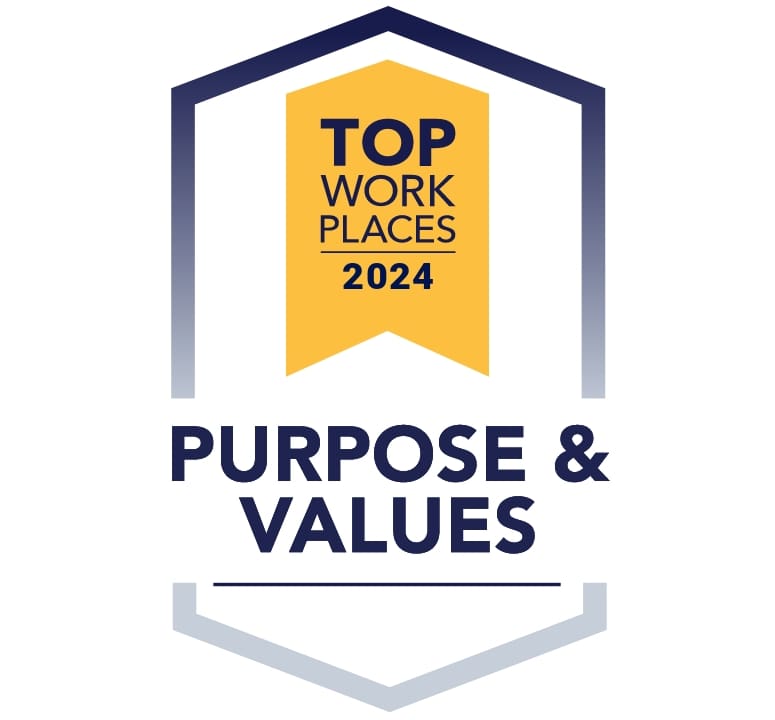 Badge with 'Top Work Places 2024', 'Purpose & Values' text