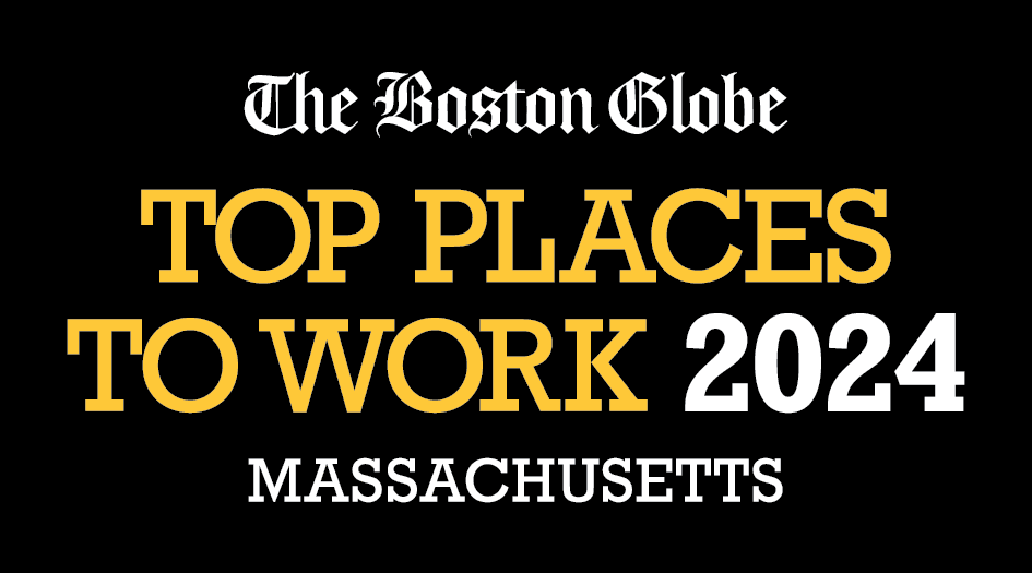 Text image showing 'Top Places to Work 2024' by The Boston Globe.