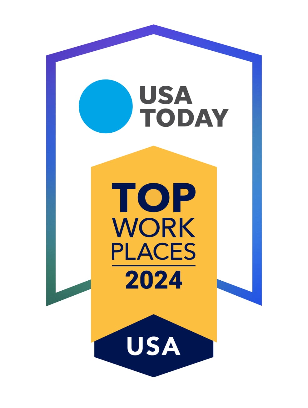 USA Today Top Work Places 2024 badge with a blue circle and yellow banner.